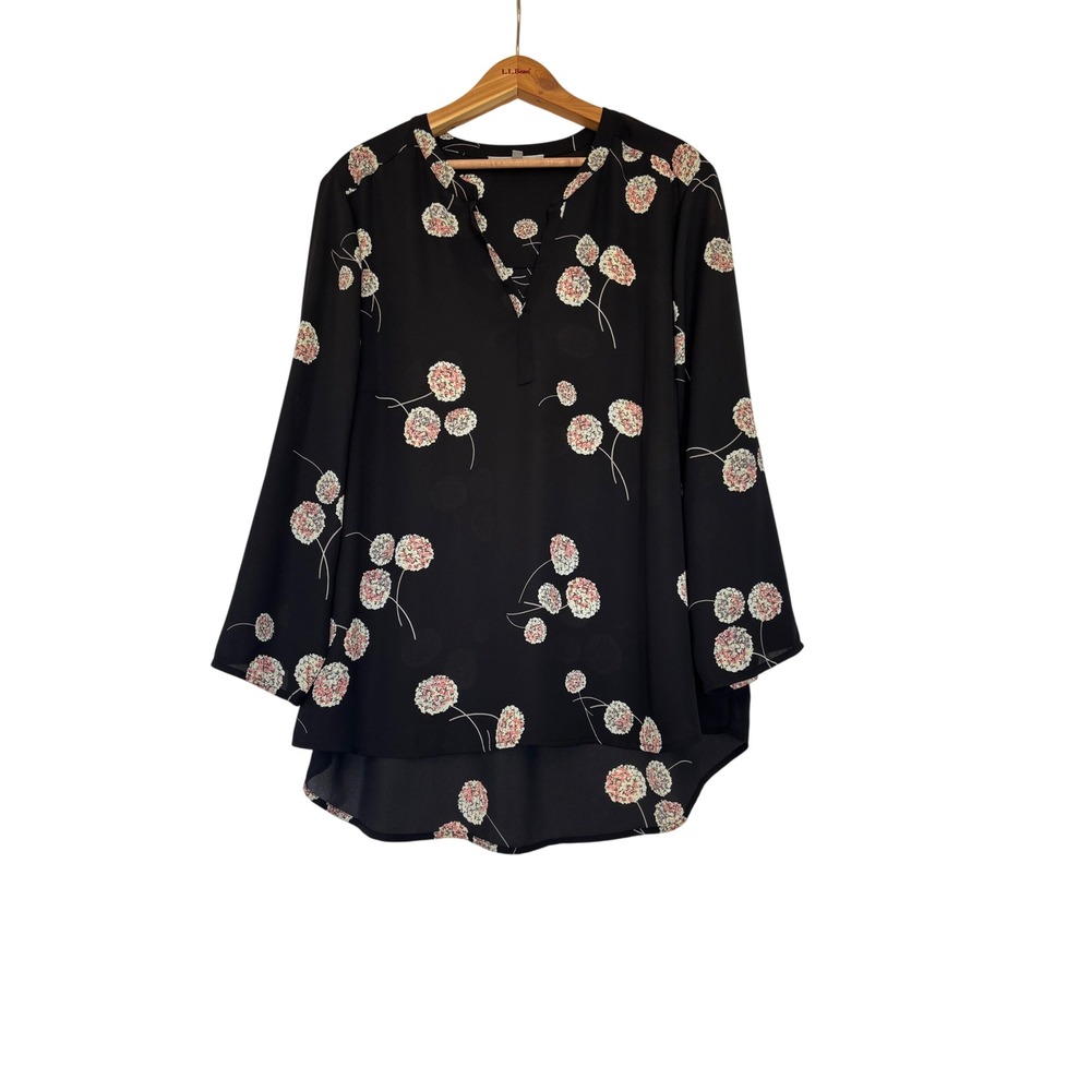 Daniel Rainn Womens XXL Black Floral Dandelion Roll Tab Sleeve Blouse